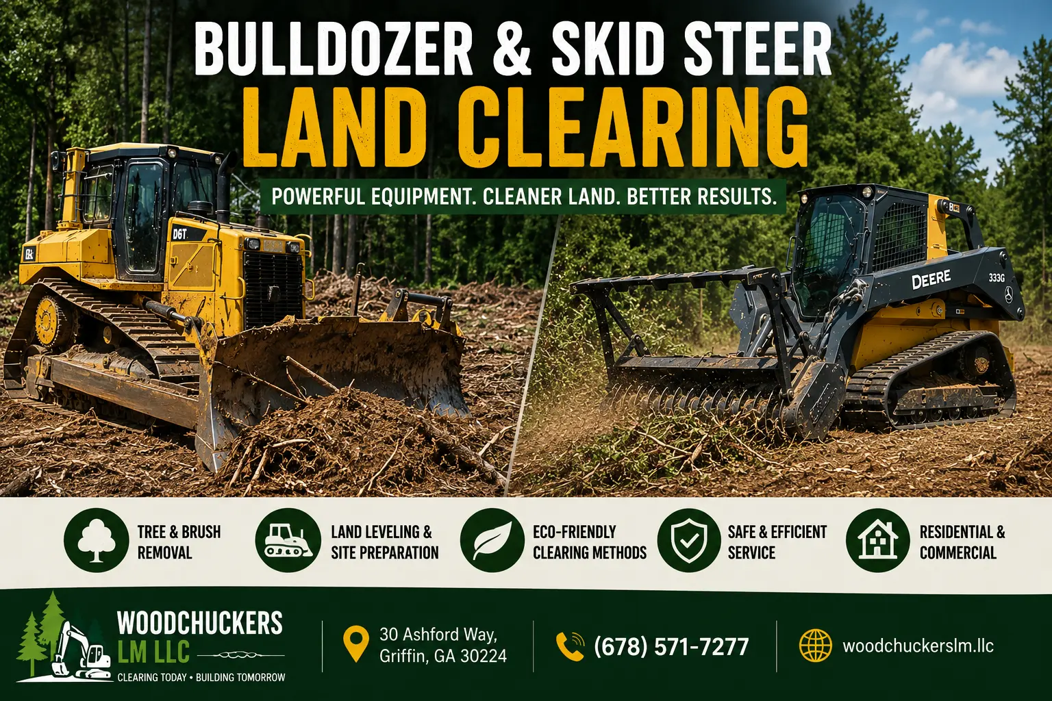 Bulldozer and skid steer land clearing equipment clearing trees, brush, and overgrown land in Griffin GA