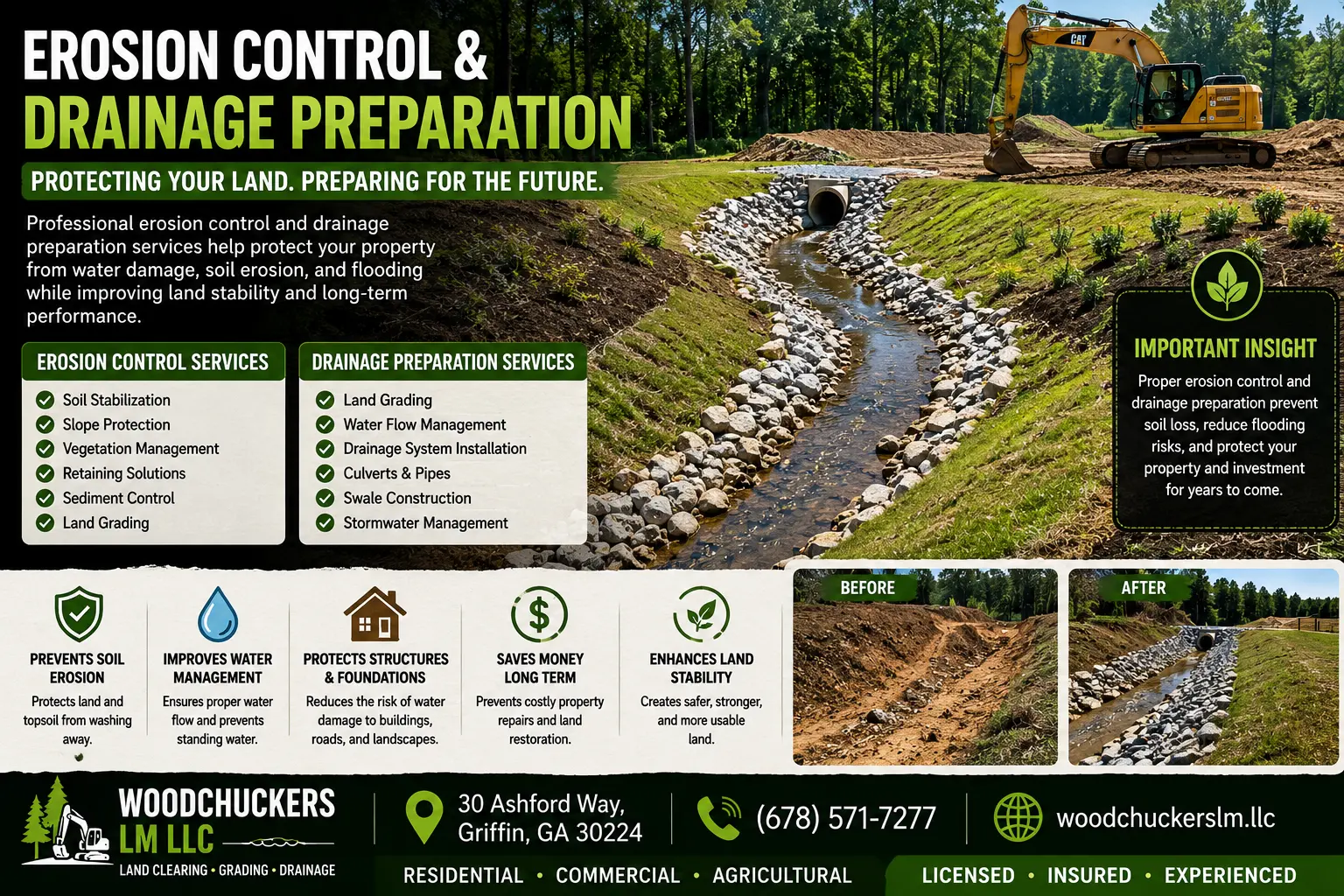 Erosion control and drainage preparation services with excavator and drainage system installation in Griffin GA