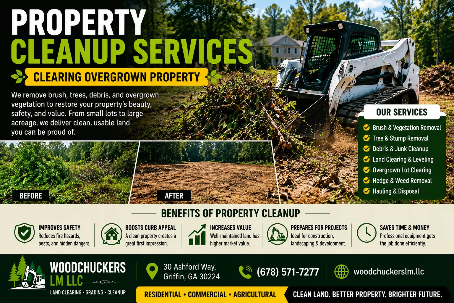 Property cleanup services clearing overgrown property with skid steer, brush removal, and land clearing equipment in Griffin GA