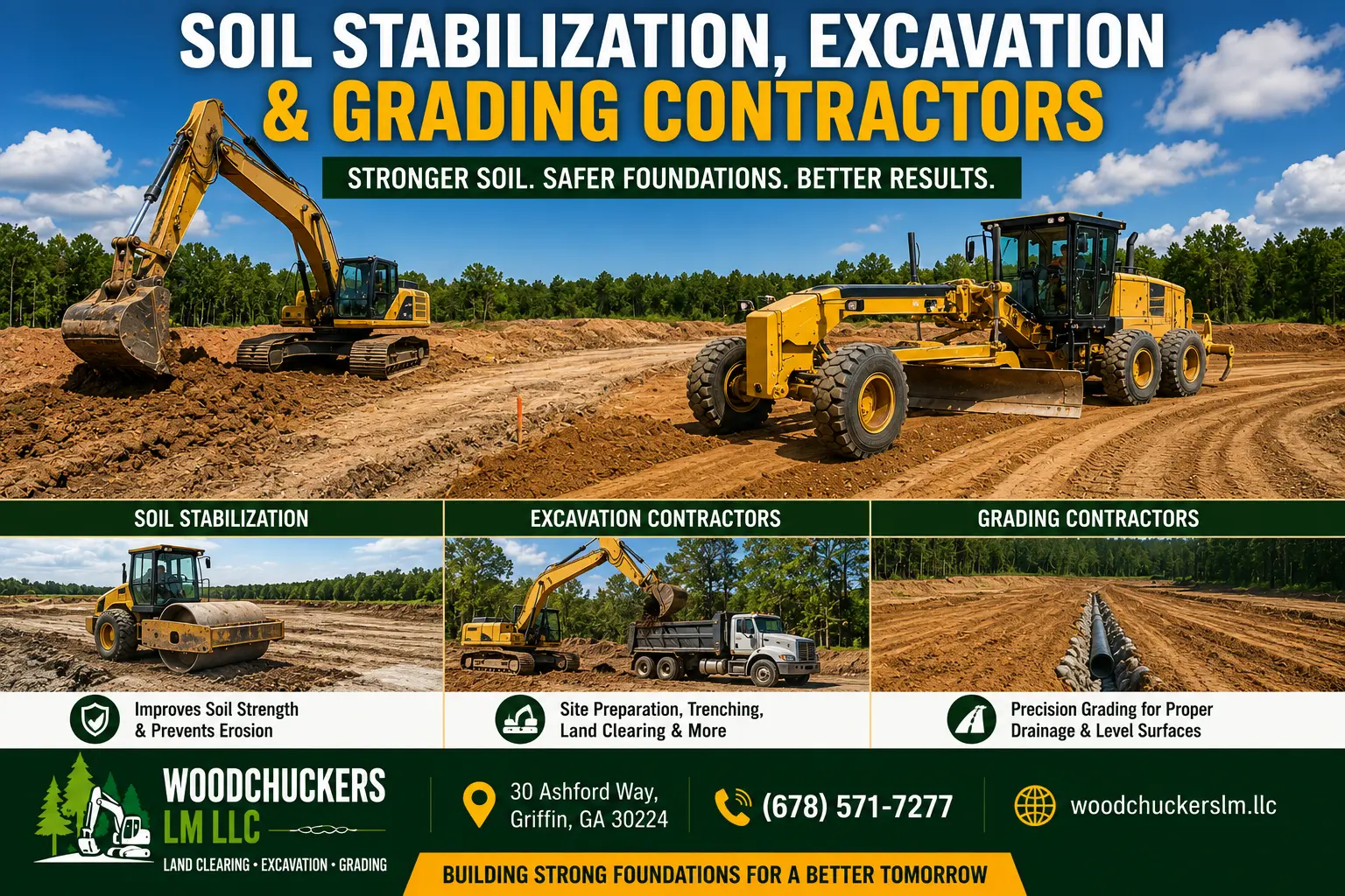 Soil stabilization, excavation contractors, and grading contractors preparing land for construction with heavy equipment in Griffin GA