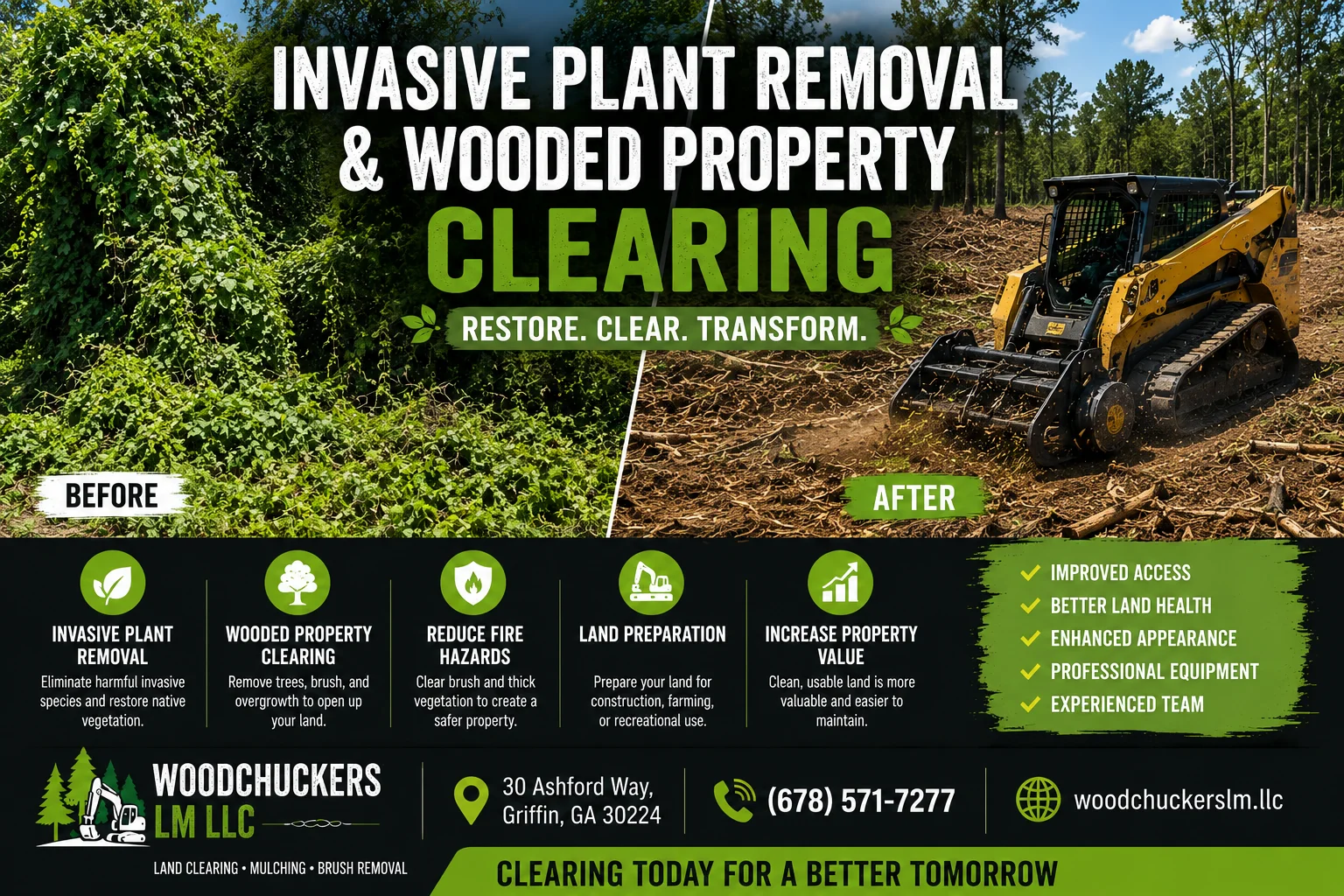 Invasive plant removal and wooded property clearing services using skid steer equipment to remove overgrown vegetation and prepare land in Griffin, GA