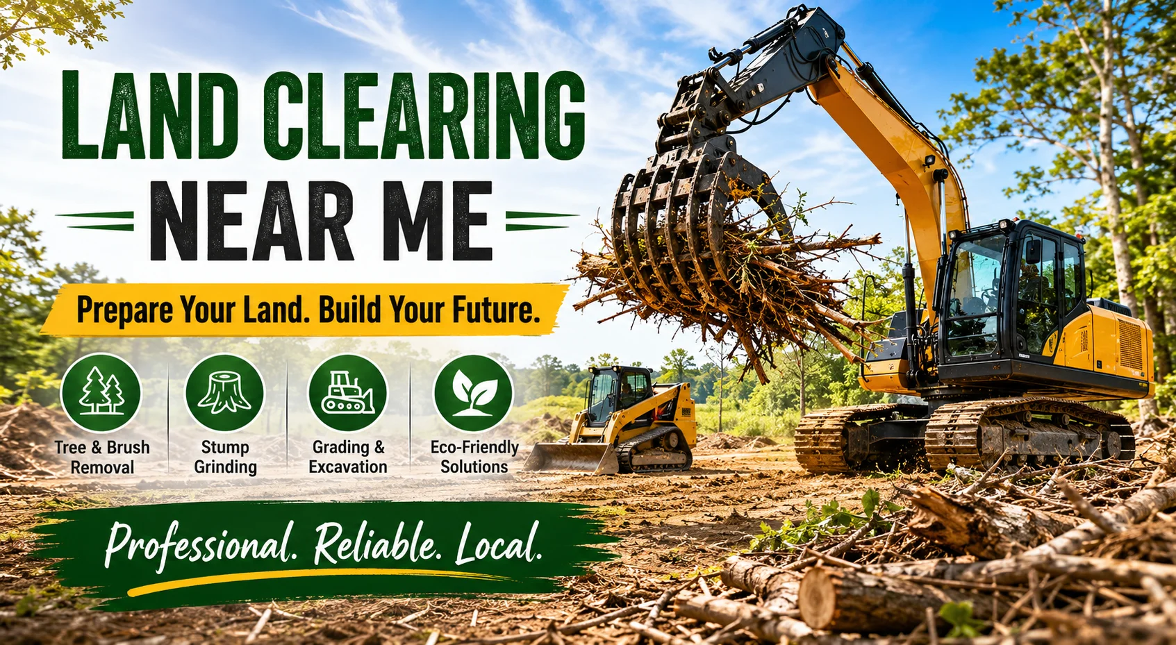 Heavy equipment clearing trees and brush for residential and commercial land development project