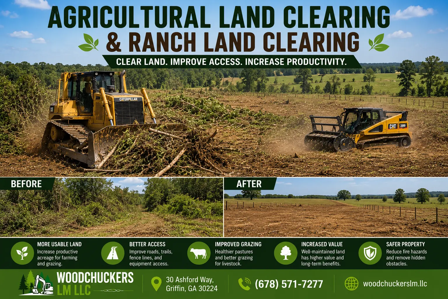 Agricultural land clearing and ranch land clearing services using bulldozer and forestry equipment in Griffin GA