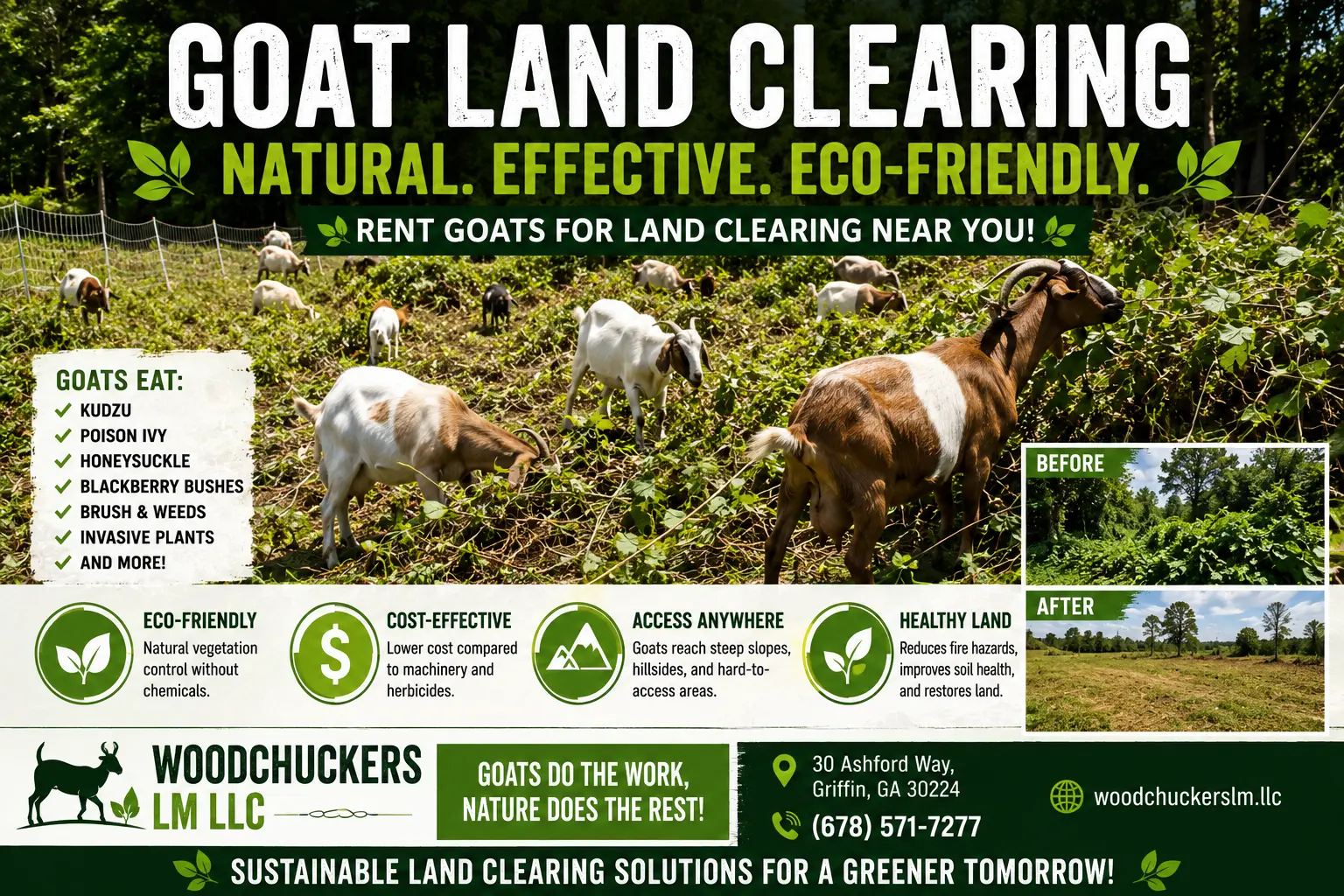 Goat land clearing near me service using grazing goats to remove brush, weeds, and invasive vegetation on an overgrown property in Griffin, GA